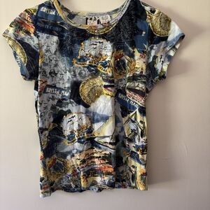 Women's Y2K Take Two Graphic Shirt Tee Size S Beach Scene Sailor Sequined Top